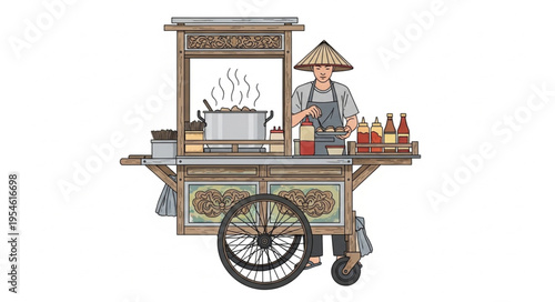 Asian street food vendor preparing meals from a traditional cart, cooking outdoors.