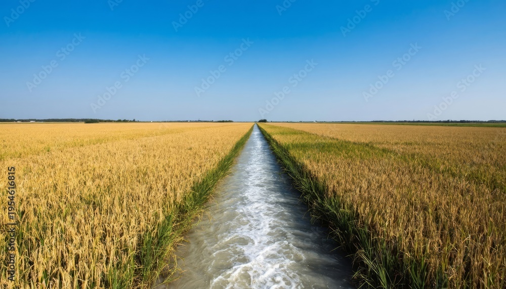 Obraz premium A vast rice field stretches under a clear blue sky. The waterway runs between the lush green and golden rice, reflecting the sunlight and creating a serene landscape.