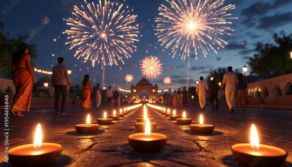 Fototapeta premium a festive celebration with fireworks illuminating the night sky. People, including men and women in traditional attire, walk along a path of lit candles.
