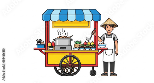 Asian street food vendor selling delicious noodles from a colorful cart.