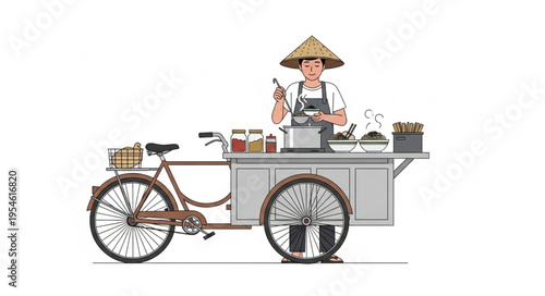 Asian street food vendor selling from a bicycle cart, preparing meals for customers.
