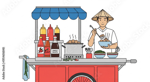 Asian street food vendor serving delicious noodles from a mobile cart.