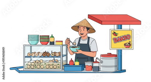 Asian street food vendor serving delicious noodles with a smile and hat.