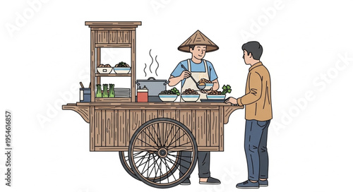 Asian street food vendor serving a customer from a wooden cart with wheels.