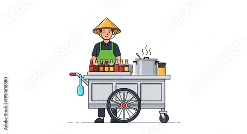 Asian street food vendor with a cart selling various delicious meals and snacks.