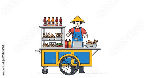 Asian street food vendor stands ready to serve delicious meals from his cart.