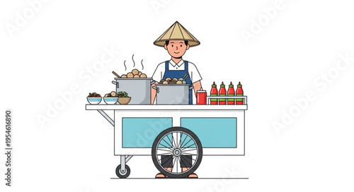 Asian street food vendor stands ready to serve delicious meals from his cart.