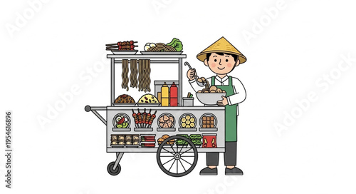 Asian street food vendor with a traditional cart selling various delicious meals.