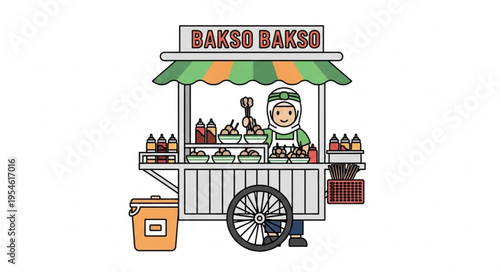 Bakso Baksi food cart illustration, a vibrant depiction of Indonesian street food vendor.