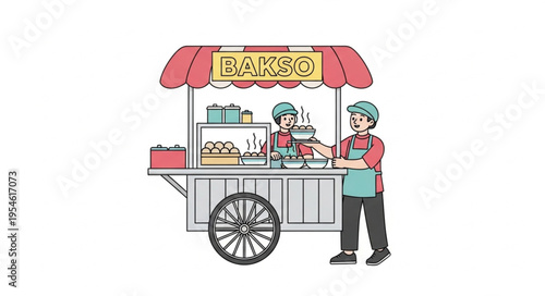 Bakso Cart Illustration - A depiction of a street food vendor serving delicious Indonesian meatballs.