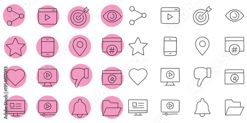 Hand-drawn cartoon and doodle set of social media icons on a white background.