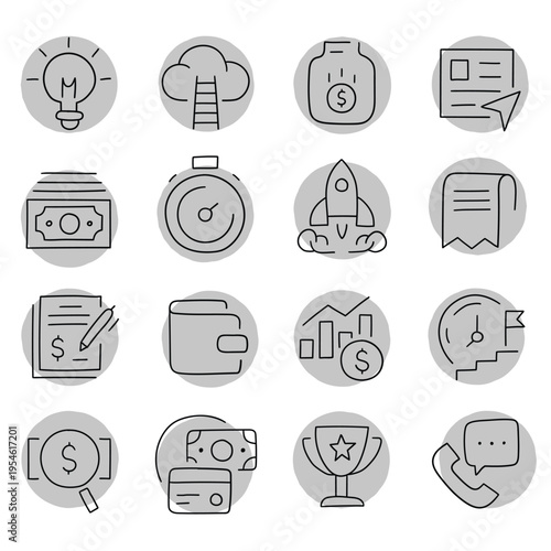 Hand-drawn cartoon set of finance and business icons on a white background.