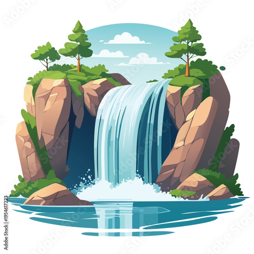 Cartoon waterfall illustration flowing from cliffs with trees in sunny outdoor scene