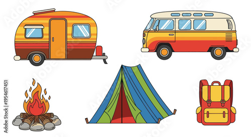 Retro Camping Set: Camper Van, Caravan, Tent, Campfire & Backpack
