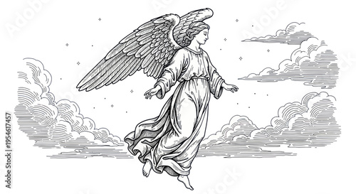 Vintage Angel Illustration: Serene Figure Floating Among Clouds and Stars