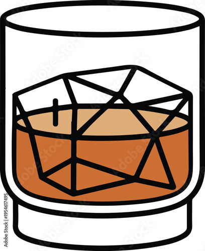 Modern whiskey glass with an abstract geometric ice cube illustration, depicting a sleek and contemporary alcoholic beverage concept for bars and liquor advertisements