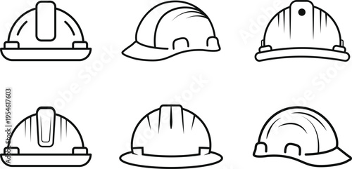 Construction helmet outline icon set, hard hat line vector collection, safety helmet minimal icons, engineering protective gear symbols.