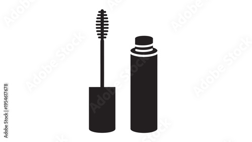 Mascara wand and tube icon with a simple black silhouette and clean lines for cosmetic applications and beauty product designs.