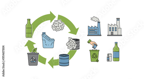 A green circular arrow illustrates the recycling process of various waste items, including bottles, paper, and barrels, alongside factory icons.
