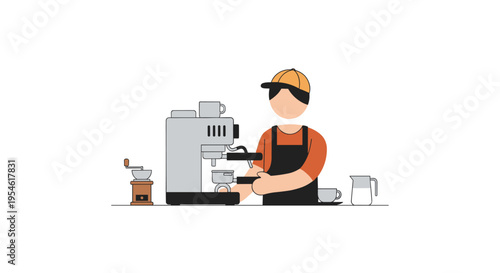 A barista wearing an orange apron and yellow cap operates a silver espresso machine with a grinder and milk pitcher on a white surface.