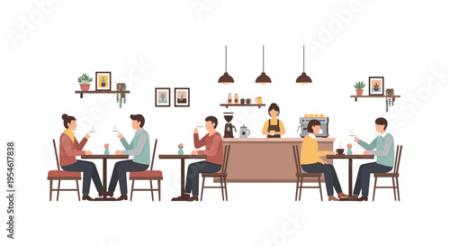 Patrons are seated at tables in an illustrated coffee shop while a barista works behind the counter with coffee machines.