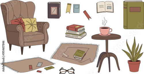 Cozy home reading nook vector set with armchair books coffee cup side table rug and potted plant for lifestyle design