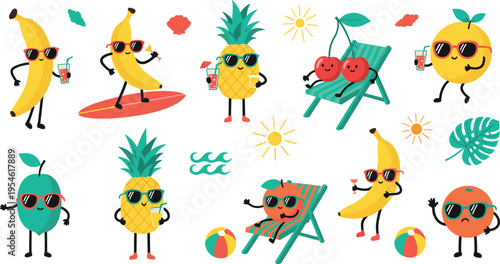 Cute summer fruit characters vector set with sunglasses banana pineapple orange cherry beach fun cartoon illustration collection