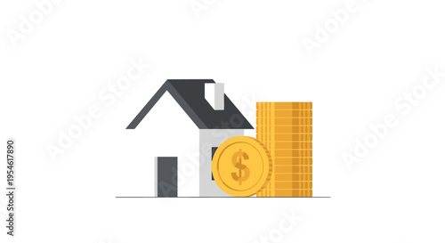 A minimalist illustration shows a white house next to a stack of golden dollar coins on a clean white background.