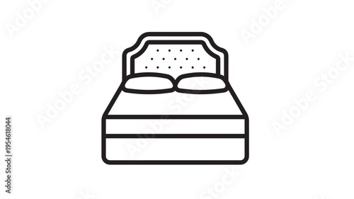 Bed icon with tufted headboard and pillows on white background, minimalist line art for bedroom design and comfort themes