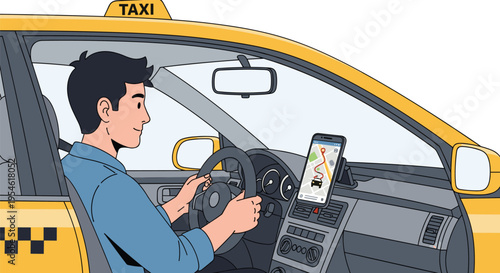 A male taxi driver smiles while holding the steering wheel inside a yellow taxi with a navigation map on a smartphone.