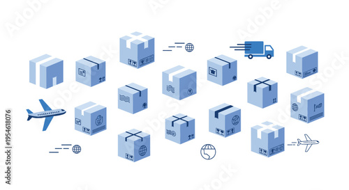 Multiple light blue and white shipping boxes are arranged with an airplane and a delivery truck on a white background.