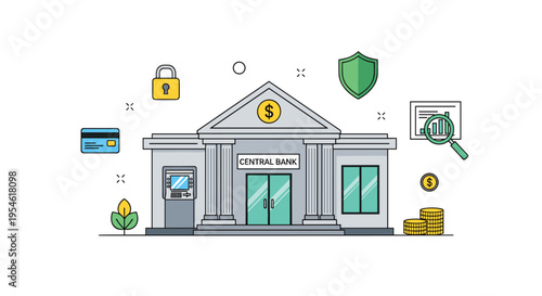 A central bank building with columns and a dollar sign is surrounded by various financial icons on a white background.