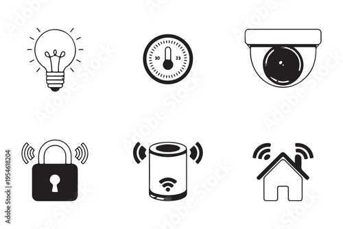 Smart home icons lightbulb thermostat security camera smart lock wifi speaker connected house