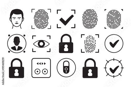 Biometric security icons face fingerprint eye lock checkmark user profile access control system
