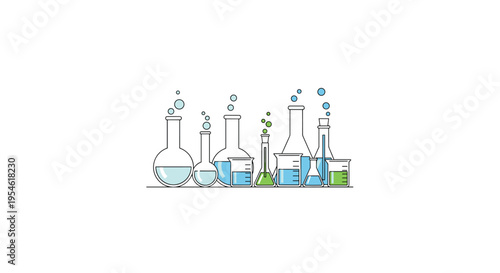 A line of seven laboratory glassware items, including flasks and beakers, contains blue and green liquids with rising bubbles.