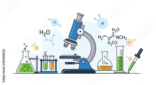 A blue microscope is surrounded by laboratory glassware with colorful liquids, accompanied by floating chemical formulas and molecular structures.