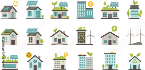Sustainable green building vector set featuring eco friendly houses with solar panels wind turbines and urban gardens for renewable energy design