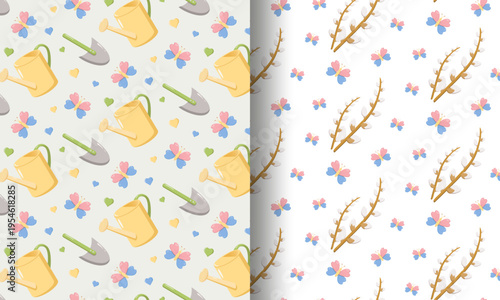 Split seamless spring design left side with watering cans, shovels, butterflies, and hearts on cream background right side with pussy willow branches and butterflies on white background, cheerful