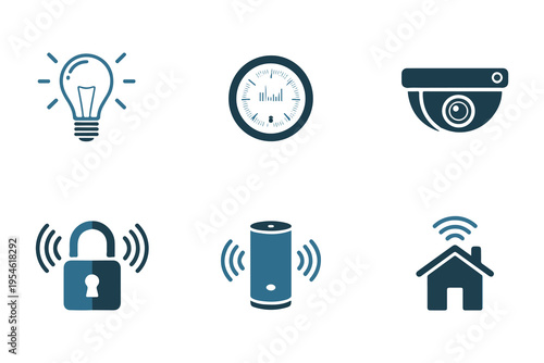 Smart home technology icons in blue color lightbulb thermostat security camera smart lock wifi