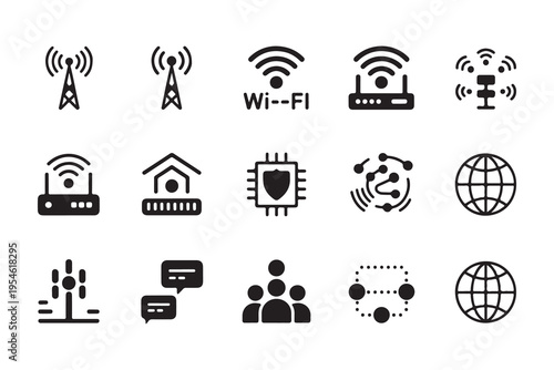 Network and communication icons wifi tower router chip data connection globe user group chat