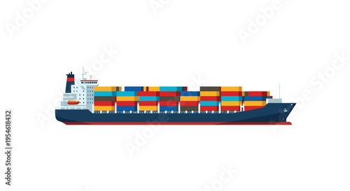 A large cargo ship heavily loaded with numerous colorful shipping containers sails across calm water.