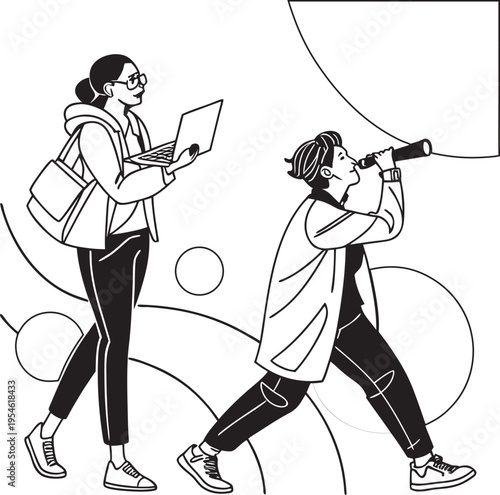 A cartoon vector illustration  silhouette of a boy playing guitar for a business man and woman while a sketch of a warrior with a sword watches the people