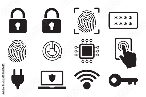 Biometric and digital security icons including fingerprint scanners locks passwords and laptop shield symbols