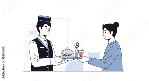 A hotel room service attendant in uniform presents a tray with food and a drink to a smiling guest.