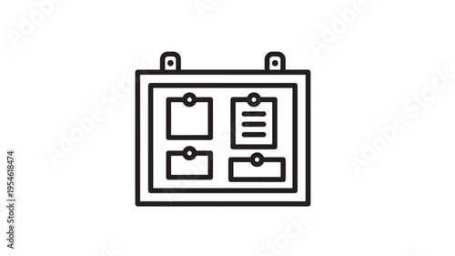 Bulletin board with pinned notes and a list, simple line art icon on a white background, representing organization.
