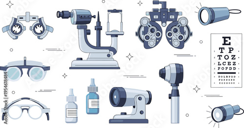 Ophthalmology medical equipment vector set with phoropter eye chart slit lamp and optometry tools for vision clinic and healthcare design