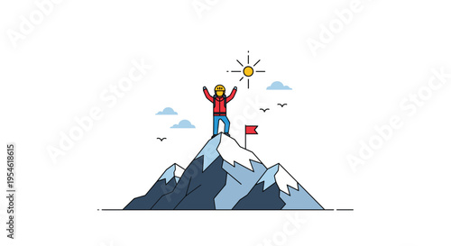 A single climber stands triumphantly on a snow-capped mountain peak with arms raised under a shining sun and scattered clouds.