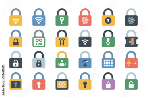 A vibrant collection of padlock icons in various colors, each featuring a unique security-related symbol on its face