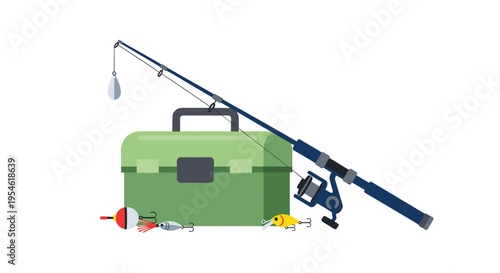 A green tackle box is placed next to a blue fishing rod with a reel, surrounded by various lures and bobbers on a white background.