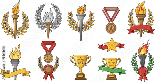 Award trophy and victory symbol vector set with medals cups laurel wreath torches ribbons achievement collection illustration